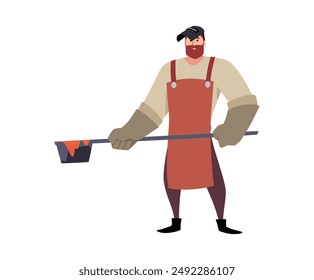 Blacksmith stands and holds molten liquid hot metal in a ladle on a long handle. Bearded man wearing leather apron, gloves, protective mask. Hard work Vector illustration isolated on white background