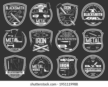 Blacksmith steel forging, iron and metal works workshop vector icons. Blacksmith foundry anvil and hammer in hand signs and metalwork emblems, forged products and custom iron works equipment tools