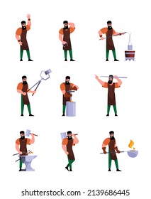 Blacksmith. Steel industry workers heavy strong workers making hardware tools steel helmets armor and swords garish vector blacksmith workshop