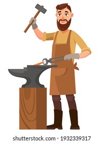 Blacksmith strikes the anvil. Male person in cartoon style.