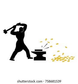 blacksmith symbol forge gold coins vector illustration, gold smith, tribal blacksmith silhouette making gold coins on white background. Vector isolated illustration. Make money symbol.