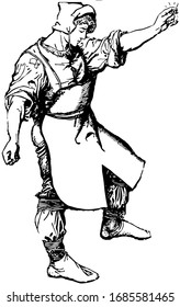 Blacksmith, dieses Bild zeigt einen Schmied, der nach rechts gerichtet ist und die linke Hand hochhebt, ein kleines kreisförmiges Material in der linken Hand, Vintage-Linien-Zeichnung oder Gragradgrafik