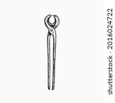 Blacksmith tongs for forging, gravure style hand drawn vector outline illustration