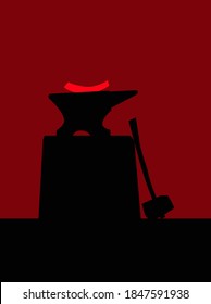 Blacksmith tool. Anvil, blacksmith hammer and red-hot billet. Vector image for logo or illustrations.