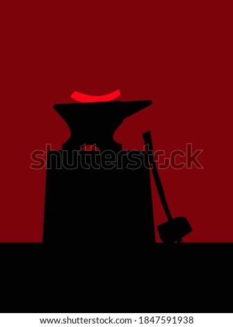 Blacksmith tool. Anvil, blacksmith hammer and red-hot billet. Vector image for logo or illustrations.