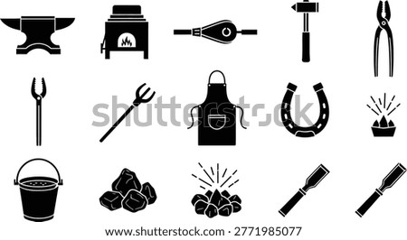 Blacksmith tool icons set with anvil hammer forge in black silhouette style