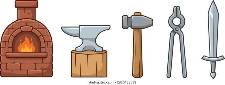 Blacksmith tools, forge furnace, anvil, hammer, tongs, sword cartoon vector set