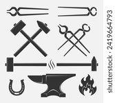 Blacksmith tools graphic icons set. Forging tools signs  collection isolated on white background. Smithy symbols. Vector illustration