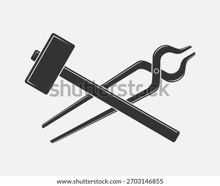 Blacksmith tools graphic sign. Smithy symbol. Forging tools sign isolated on white background. Vector illustration