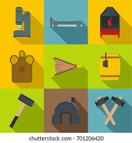 Blacksmith tools icons set. Flat set of 9 blacksmith tools vector icons for web with long shadow