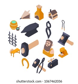 Blacksmith tools icons set. Isometric illustration of 16 Blacksmith tools icons set vector icons for web