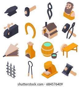 Blacksmith tools icons set, isometric style