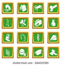 Blacksmith tools icons set vector green square isolated on white background 