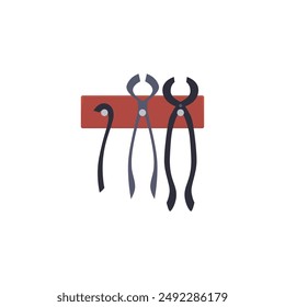 Blacksmith tools nail puller and tongs on the wooden hanger. Cartoon pliers and forceps forge craft workshop equipment, repair instruments. Vector flat illustration isolated on white background