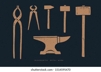 Blacksmith tools on a dark background. Set of vintage graphic. Design elements. Hammer, tongs, anvil.  Monochrome style. Vector illustration.