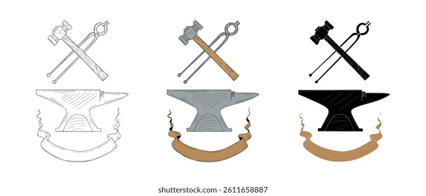 Blacksmith Tools Set - Anvil, Hammer, and Tongs in Colorful Outline and Silhouette Style