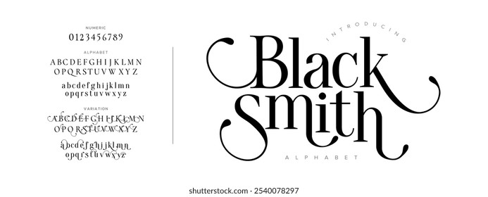 Blacksmith typography beauty fashion elegant minimalist serif italic fonts decorative wedding vintage retro logos. Minimal luxury font alphabet logo. Vector illustration