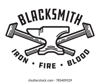 Blacksmith vector emblem or badge.
Retro style blacksmith design with forging tools including hammers, anvil, tongs and fire.