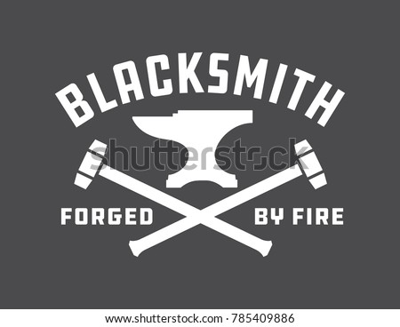 Blacksmith vector emblem or badge.
Retro style blacksmith design with forging tools including hammers, anvil, tongs and fire.