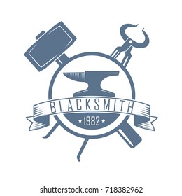 Blacksmith Vintage Monochrome Badge With Vise, Hammet And Anvil