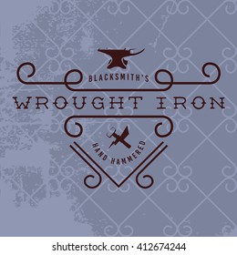 Blacksmith Vintage Retro Badge.  Hand Hammered Wrought Iron. Vector Illustration. Grunge Background.  Full Organized Objects In Groups.