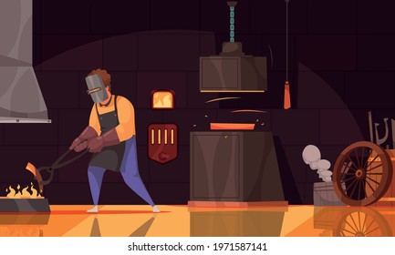 Blacksmith wearing leather apron gloves and face shield heating iron piece in coal fire cartoon vector illustration