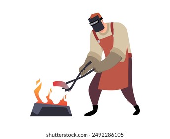 Blacksmith wearing leather apron gloves and face shield heating iron piece in fire. Cartoon professional farrier worker hard working. Vector medieval smith craftsman isolated. Foundry workshop