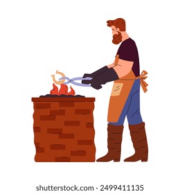 Blacksmith wearing leather apron and gloves heating horseshoe in fire using tongs. Cartoon professional farrier worker hard working. Vector medieval smith craftsman isolated. Foundry workshop