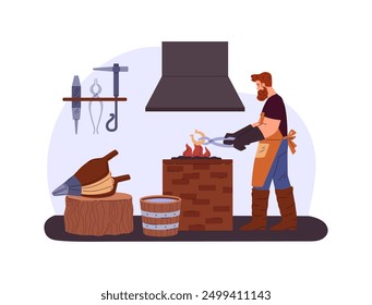 Blacksmith wearing leather apron and gloves heating horseshoe in fire using tongs. Cartoon professional farrier worker hard working in the smithy. Vector medieval smith craftsman. Foundry workshop