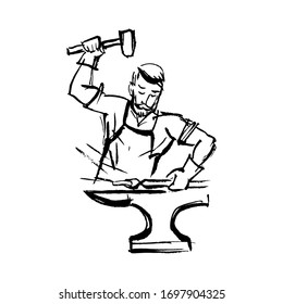 The blacksmith at work  Black   white ink illustration 