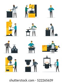 Blacksmith at work flat icons set with metal melting casting forging and hammering on anvil isolated vector illustration 