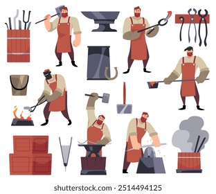 Blacksmith worker and crafted tools vector flat illustrations set. Cartoon professional farrier character hard working in the smithy. Medieval smith craftsman. Foundry workshop