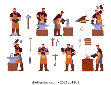 Blacksmith worker and crafted tools vector flat illustrations set. Cartoon professional farrier character hard working in the smithy. Medieval smith craftsman. Foundry workshop making steel products