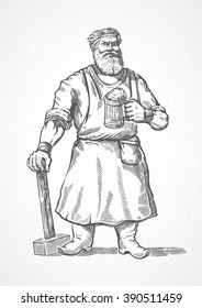 Blacksmith worker, standing with hammer is holding a mug full of beer, in style engraving.