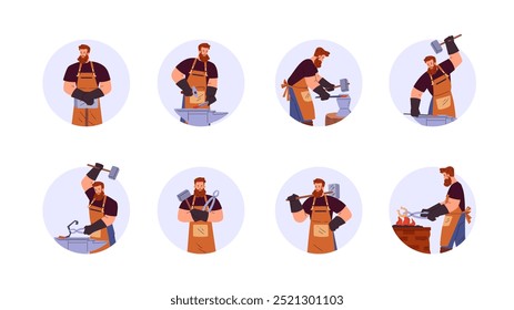 Blacksmith worker vector flat illustrations set. Cartoon professional farrier character hard working with crafted tools. Medieval smith craftsman in round frame. Foundry workshop making steel products