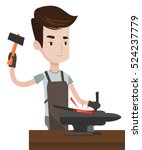 Blacksmith working metal with hammer on the anvil in the forge. Blacksmith at work in smithy. Blacksmith forging the molten metal on anvil. Vector flat design illustration isolated on white background
