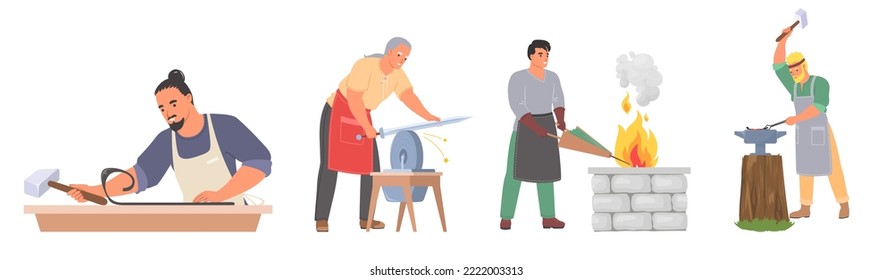 Herrero trabajando en un vector de mal. Hombre medieval usando martillo haciendo trabajos artesanales en la ilustración forja. La forja maestra en la escena histórica del taller. Ocupación y metáfora de los artesanos