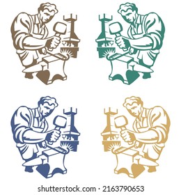 Blacksmith Working In The Smithy Vector Illustration  Blacksmith Logo Template
