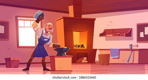 Blacksmith works with hammer and anvil in forge. Vector cartoon interior of smithy workshop with brick furnace with fire, shelves with tools and metallurgy equipment