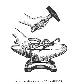 Blacksmith works on anvil with hammer engraving vector illustration. Scratch board style imitation. Black and white hand drawn image.