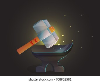 Blacksmith workshop crafting tools, anvil and heavy steel iron hummer forge ironwork with fire sparkles and glowing shine background.