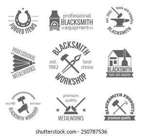 Blacksmith workshop equipment and professional metalworks label set isolated vector illustration