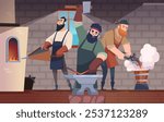 blacksmith workshop. heavy active strong male characters working in blacksmith interior