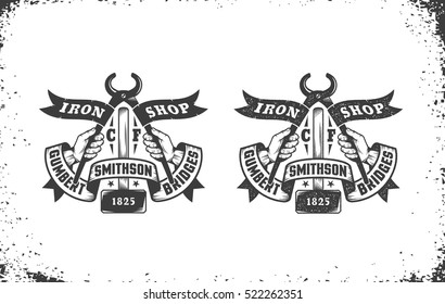 Blacksmith workshop retro emblem with a hammer, pliers and ribbons. Vector illustration layered - easy to edit.