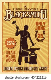 Blacksmith yellow poster or flyer with descriptions of custom iron works only june vector illustration