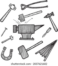 Blacksmithing, anvil, tongs, hammer and sledgehammer, nail, chisel and horseshoe, vector illustration. Vintage graphics and handwork. Tools collection.