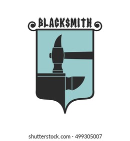 Blacksmithing emblem. Logo for smithy. Wrought iron. Hammer and anvil. Sign for smith