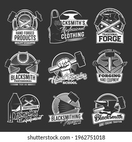 Blacksmithing and forging tools, equipment and clothing shop vector icons. Blacksmith workshop, ironwork vintage emblem. Sledgehammer in men hand, horseshoe and anvil, pliers and tongs, bellows, apron