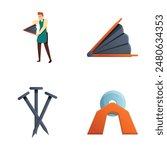 Blacksmithing icons set cartoon vector. Blacksmith man while working. Professional equipment, farriery