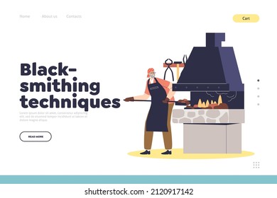 Blacksmithing techniques concept of landing page with blacksmith at work firing metal steel in furnace oven in metalwork workshop. Craftsman in apron in anvil. Cartoon flat vector illustration